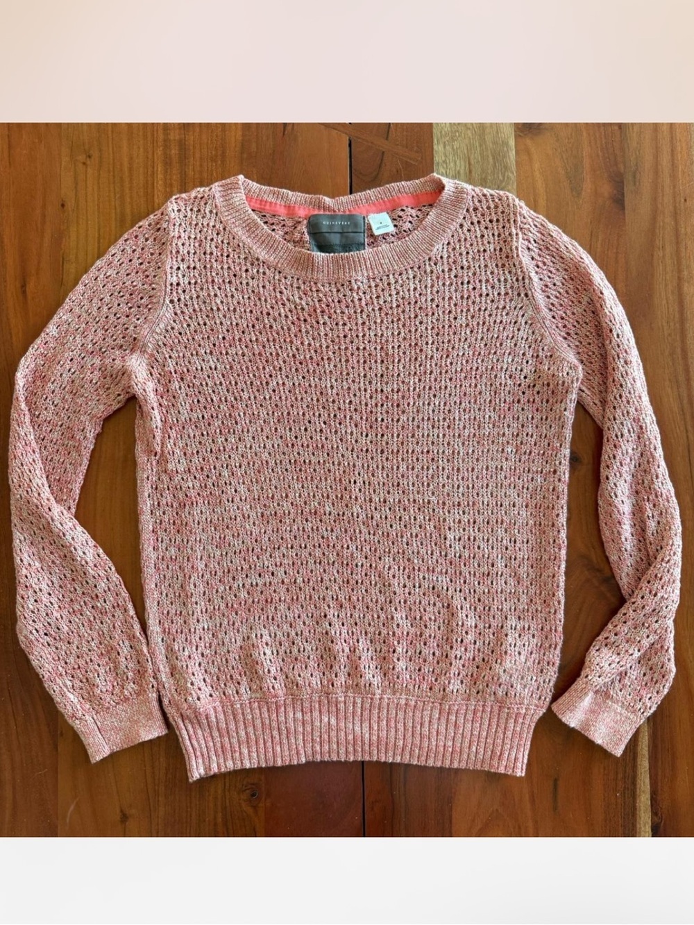 Guinevere by Anthropologie Peachy Pink metallic Open-Knit Crewneck Sweater